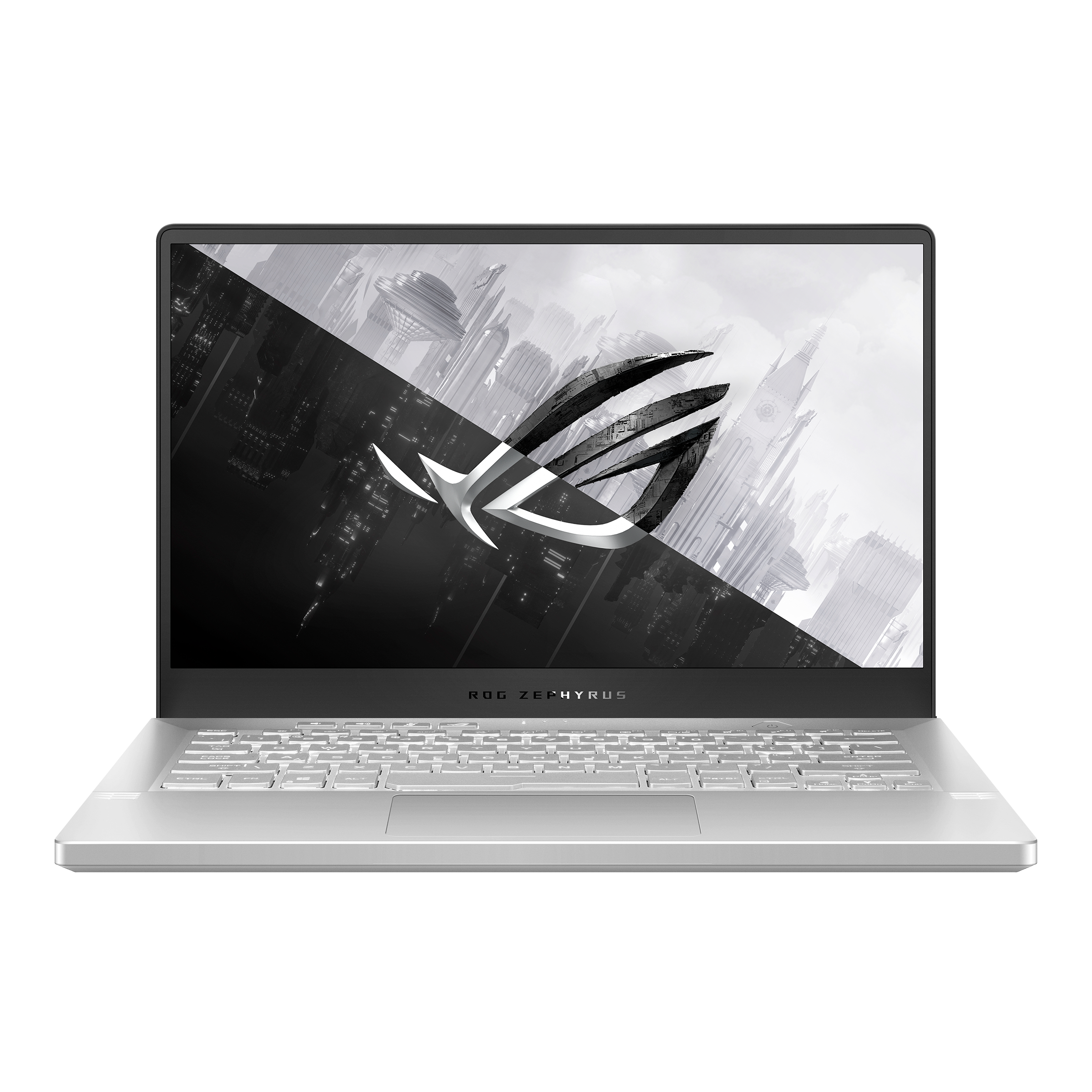 Portátil ROG Zephyrus con pantalla que muestra un fondo de ciudad futurista y el logo de ROG.