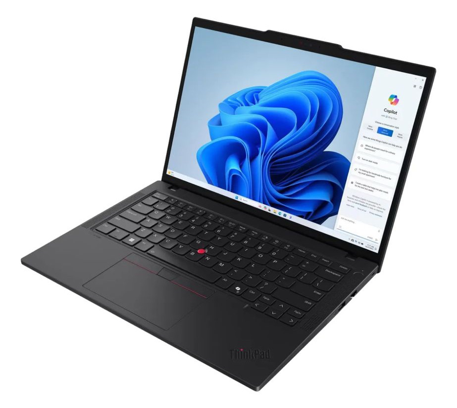 Un portátil Lenovo ThinkPad con pantalla de Windows 11, teclado negro y un diseño elegante.