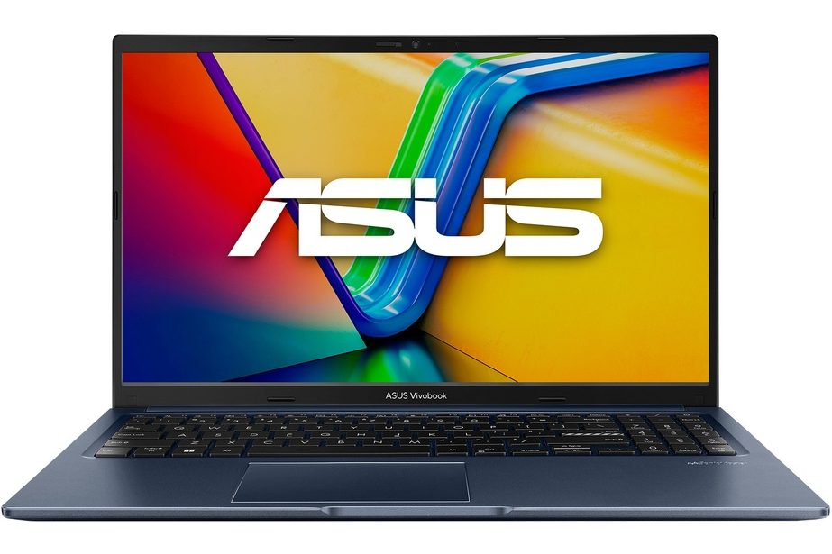 Portátil ASUS Vivobook con pantalla brillante y colorida que muestra el logotipo de ASUS en el centro.