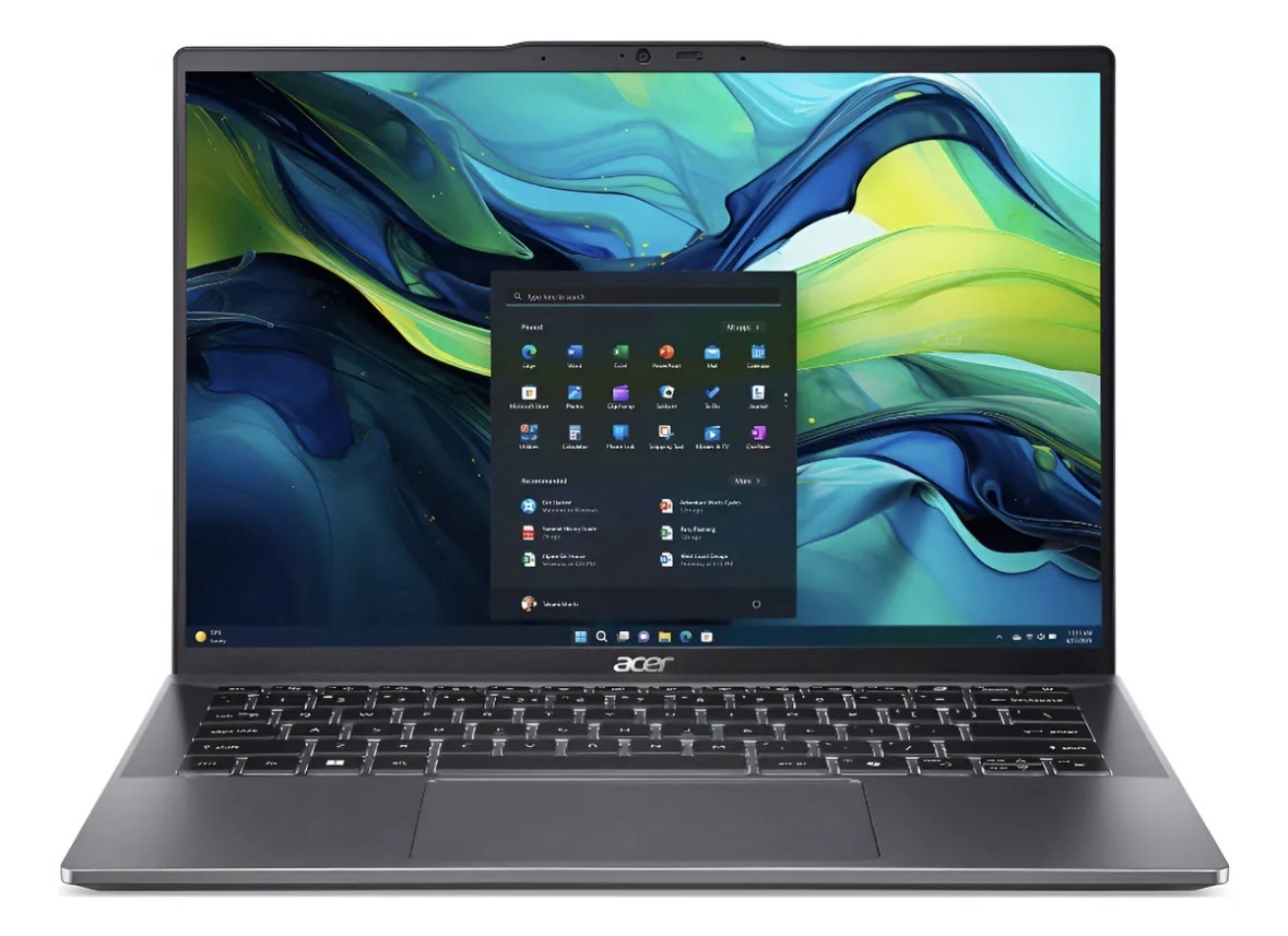 Portátil Acer con pantalla encendida mostrando el sistema operativo Windows y un fondo abstracto de colores.