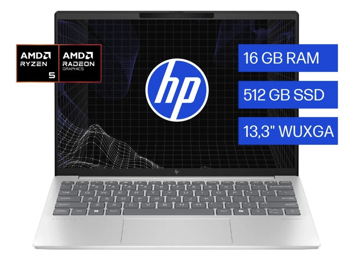 Laptop HP con procesador AMD Ryzen 5, 16 GB de RAM, 512 GB de SSD y pantalla de 13,3" WUXGA.
